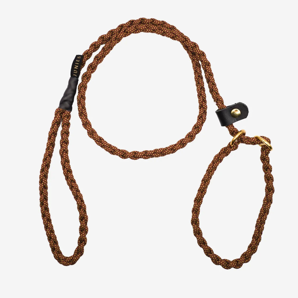 Junies flätade retrieverkoppel 140 cm med mässing burgundy/moss-mönstrad #color_burgundy-moss-patterned