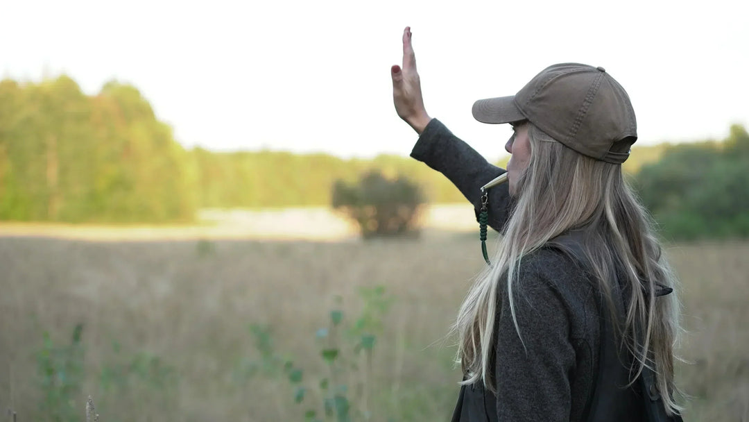 tjej signalerar stopp till sin hund med handen i luften samtidigt som hon blåser stoppsignal i visselpipa från acme