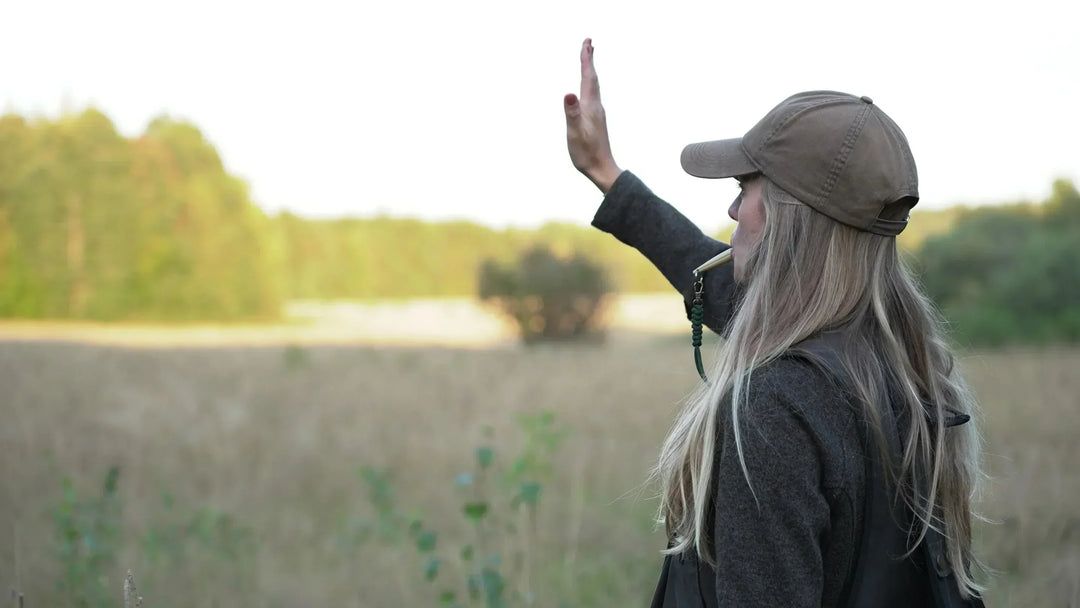 tjej signalerar stopp till sin hund med handen i luften samtidigt som hon blåser stoppsignal i visselpipa från acme